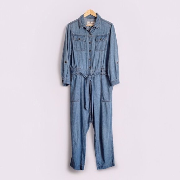 Anthropologie Pilcro Women’s Chambray Jumpsuit Sz 1X Denim Blue Roll Tab Boho - Picture 1 of 9